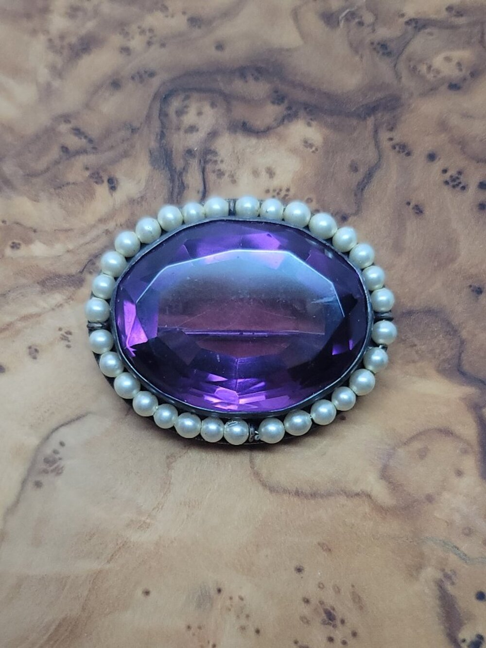 Antique Victorian Sterling, Glass & Seed Pearl Brooch